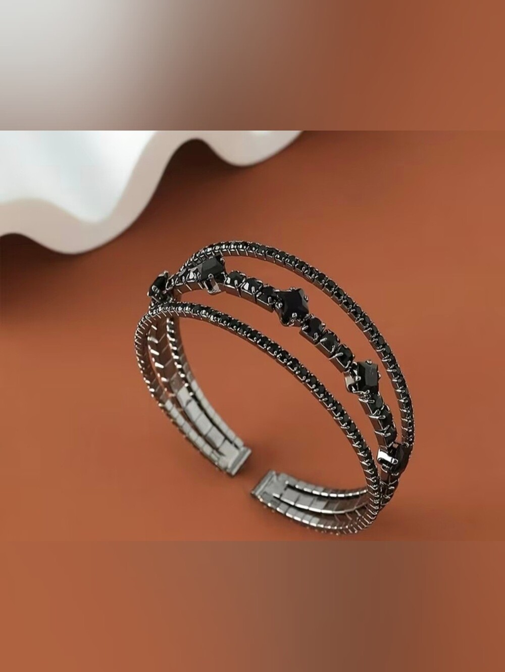 🖤🖤NEW🖤🖤 BEAUTIFUL!! Three Row BLACK CZ Open Cuff Elastic Bracelet